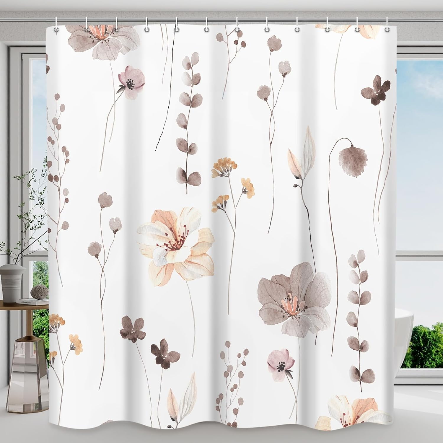 Shower Curtain Watercolor Flower Shower Curtain Sets - Spring Brown Floral plant Shower Curtains for Bathroom Washable，Fabric Modern Polyester with Hooks，72 x 72