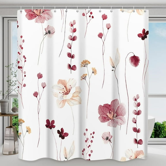 Shower Curtain Watercolor Flower Shower Curtain Sets - Spring Burgundy Floral Plant Shower Curtains for Bathroom, Washable Modern Farmhouse Decor 36"W x 72"L (Pack of 1)