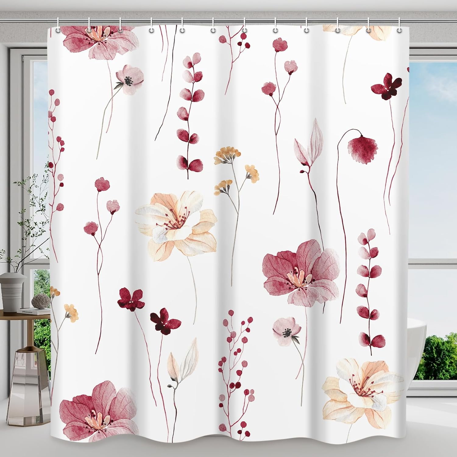 Shower Curtain Watercolor Flower Shower Curtain Sets - Spring Burgundy Floral plant Shower Curtains for Bathroom Washable，Fabric Modern Polyester with Hooks，72 x 84