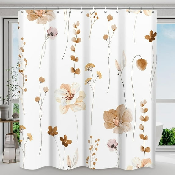 Shower Curtain Watercolor Flower Shower Curtain Sets - Spring Burnt-Orange Floral plant Shower Curtains for Bathroom Washable,Fabric Modern Polyester with Hooks,72 x 72