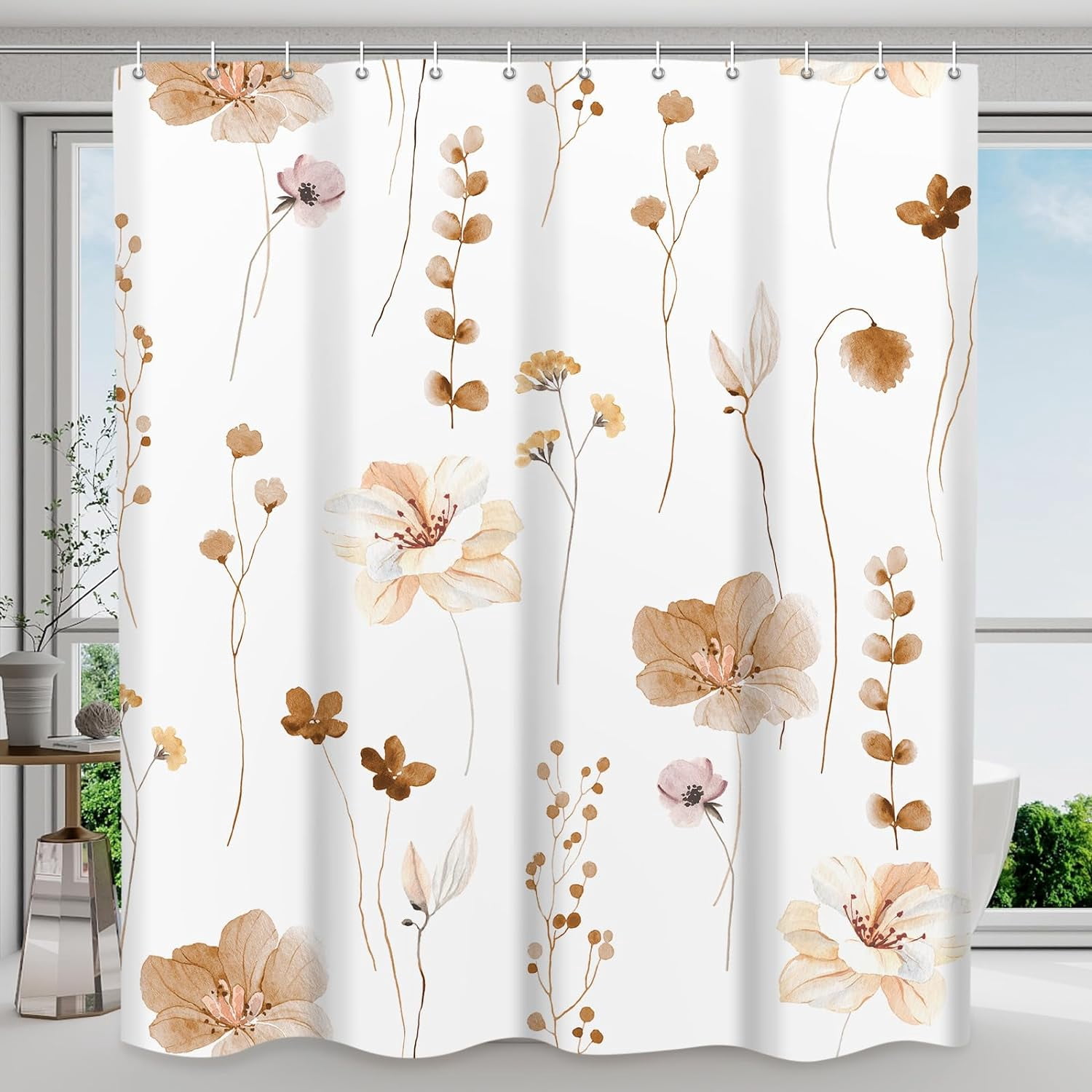 Shower Curtain Watercolor Flower Shower Curtain Sets - Spring Burnt-Orange Floral plant Shower Curtains for Bathroom Washable，Fabric Modern Polyester with Hooks，72 x 84