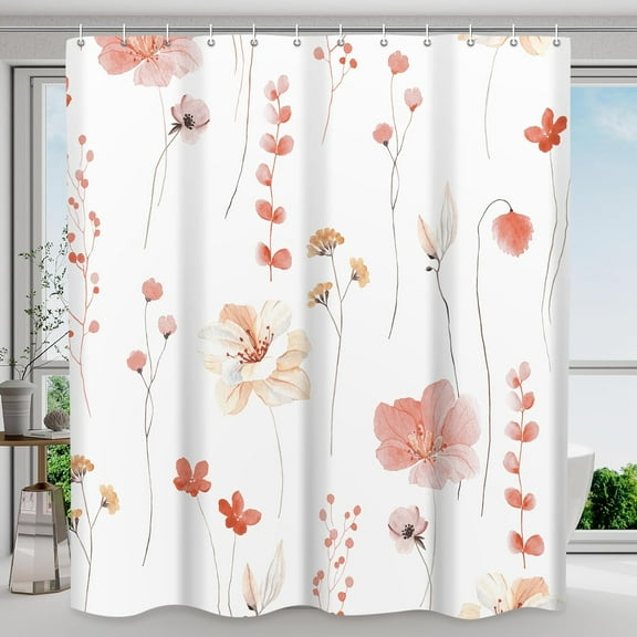 Shower Curtain Watercolor Flower Shower Curtain Sets - Spring Coral Floral plant Shower Curtains for Bathroom Washable，Fabric Modern Polyester with Hooks，72 x 72