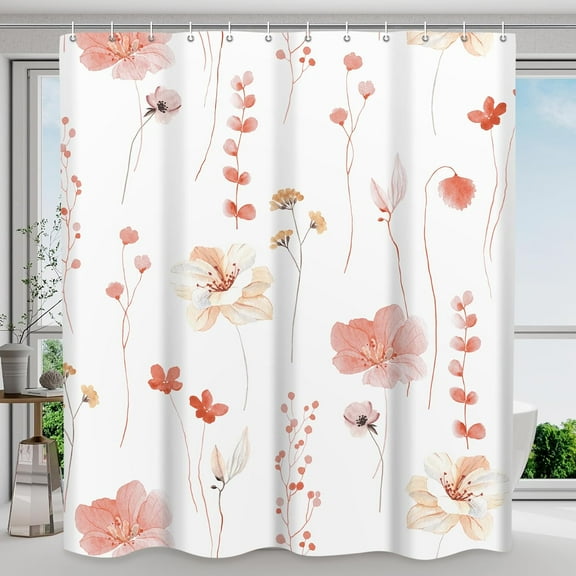 Shower Curtain Watercolor Flower Shower Curtain Sets - Spring Coral Floral plant Shower Curtains for Bathroom Washable，Fabric Modern Polyester with Hooks，72 x 84