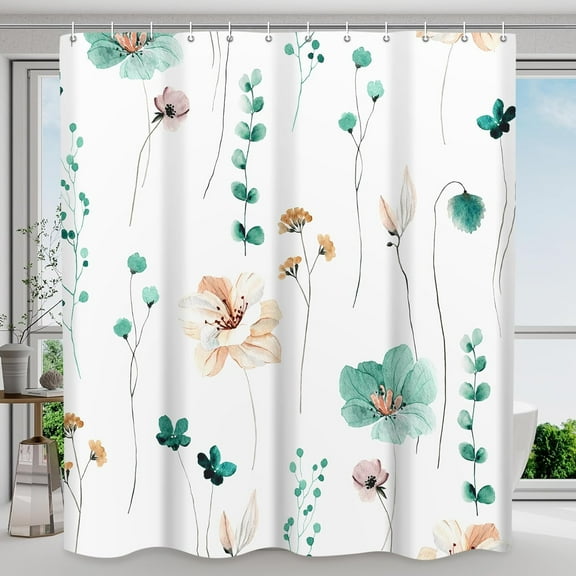 Shower Curtain Watercolor Flower Shower Curtain Sets - Spring Teal Floral plant Shower Curtains for Bathroom Washable，Fabric Modern Polyester with Hooks，72 x 72
