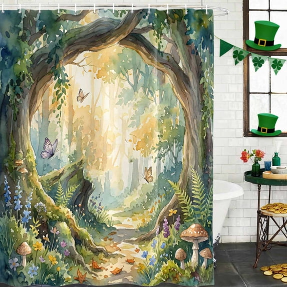 Shower Curtain, Watercolor Forest Mushrooms Waterproof Shower Curtain Set with Hooks for Bathroom Showers,Stalls and Bathtubs,60x72In Butterflies Green Ferns