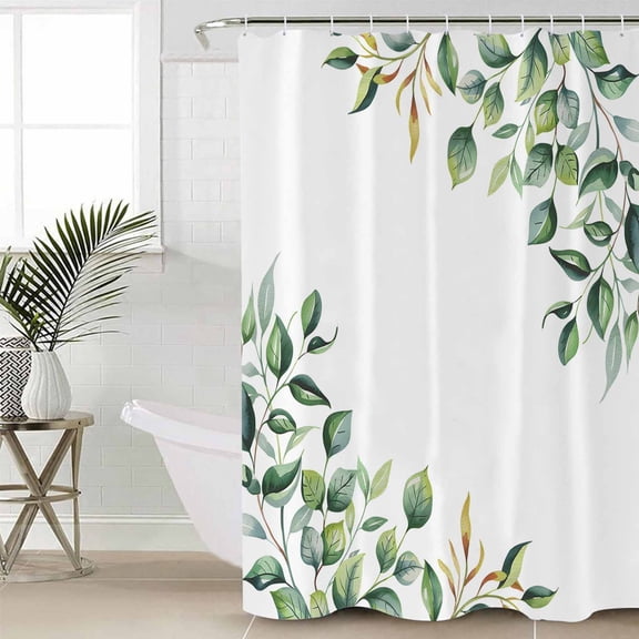 Shower Curtain, Watercolor Green Leaves on White Waterproof Shower Curtain Set with Hooks for Bathroom Showers,Stalls and Bathtubs,60x72In Pastoral Leaf Plant