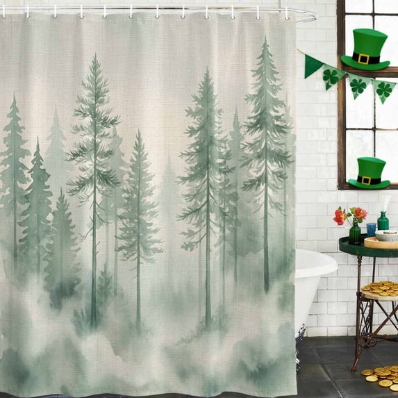 Shower Curtain, Watercolor Green Tree Retro Linen Waterproof Shower Curtain Set with Hooks for Bathroom Showers,Stalls and Bathtubs,60x72In Mist Forest Plant