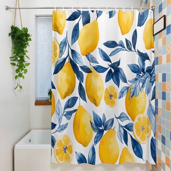 Shower Curtain, Watercolor Lemon Blue Leaves on White Waterproof Polyester Fabric Bath Curtain with Hooks for Bathroom Bathtub Stalls, Summer Fruit 36x72IN