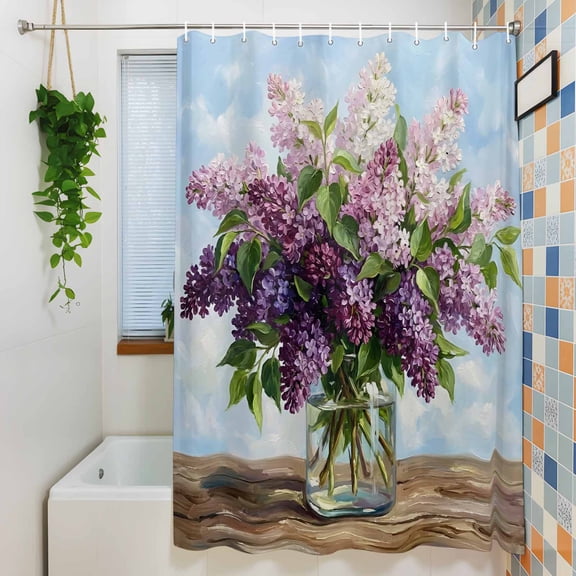 Shower Curtain, Watercolor Lilac Flower Vase Waterproof Polyester Fabric Bath Curtain with Hooks for Bathroom Bathtub Stalls, Blossom Floral Leaves Wood 36x72IN