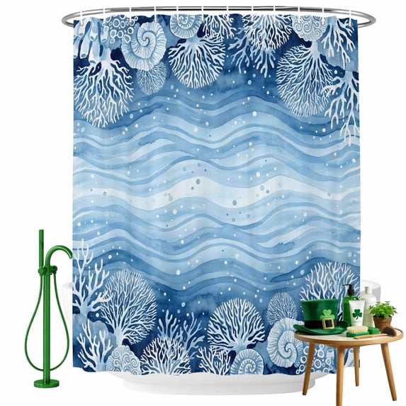 Shower Curtain, Watercolor Marine Coral Shell Waterproof Shower Curtain Set with Hooks for Bathroom Showers,Stalls and Bathtubs,36x72In Abstract Ocean Wave Conch
