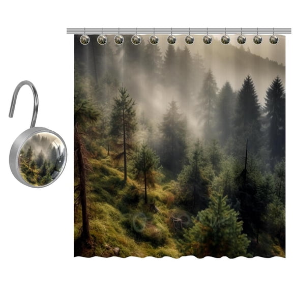 Shower Curtain, Watercolor Misty Pine Forest on the Mountain Slope in a Nature Reserve Bathroom Curtain