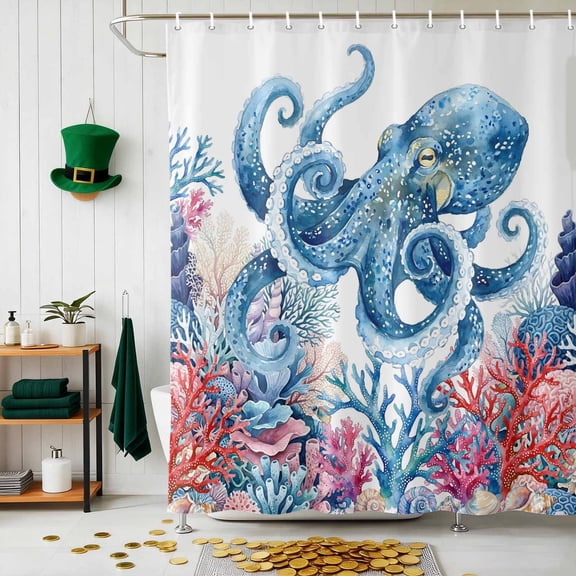 Shower Curtain, Watercolor Octopus Huge Monster Waterproof Shower Curtain Set with Hooks for Bathroom Showers,Stalls and Bathtubs,72x72In Colorful Ocean Coral Seaweed