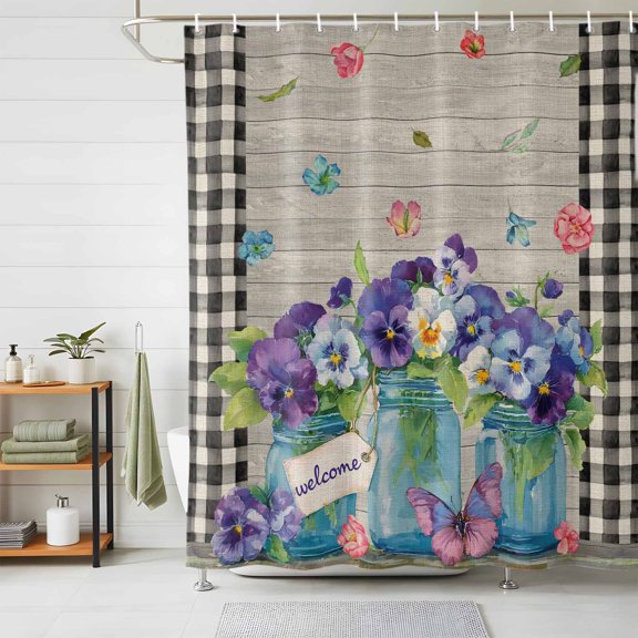 Shower Curtain Watercolor Pansy Vase Shower Curtains for Bathroom Decor, Waterproof Polyester Shower Curtain Set with Hooks, Extra Long 72" x 96" Flower Butterfly Buffalo Check Plaid