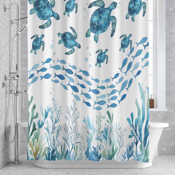 Shower Curtain, Watercolor Sea Turtle Fish Seaweed Waterproof Shower Curtain Set with Hooks for Bathroom Showers,Stalls and Bathtubs,60x72In Underwater World Ocean Life