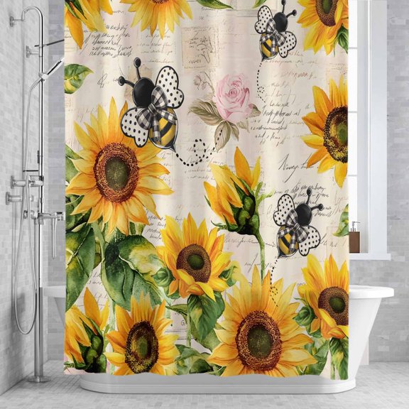 Shower Curtain, Watercolor Sunflower Bee Bloom Floral Waterproof Shower Curtain Set with Hooks for Bathroom Showers,Stalls and Bathtubs,60x72In Farm Plant Vintage Letter