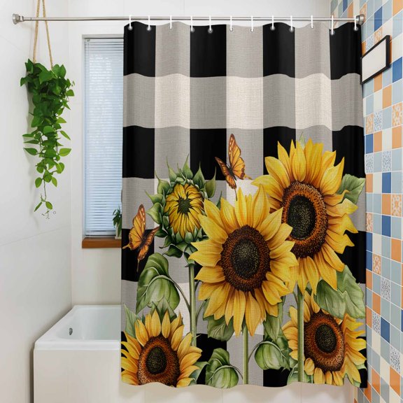 Shower Curtain, Watercolor Sunflower Butterfly Waterproof Polyester Fabric Bath Curtain with Hooks for Bathroom Bathtub Stalls, Vintage Black White Plaid 36x72IN