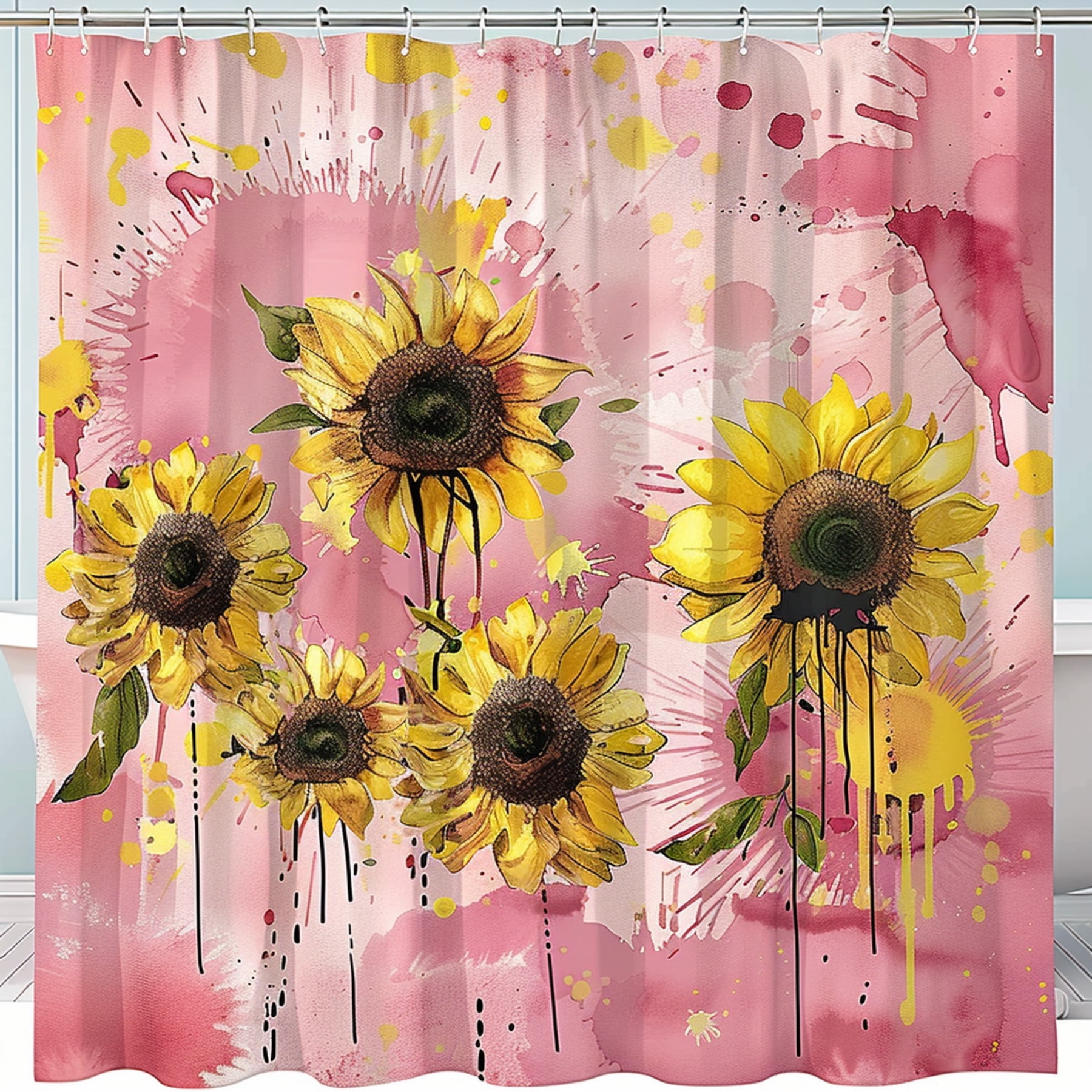 Shower Curtain Watercolor Sunflowers on Pink Vintage Style with Paint