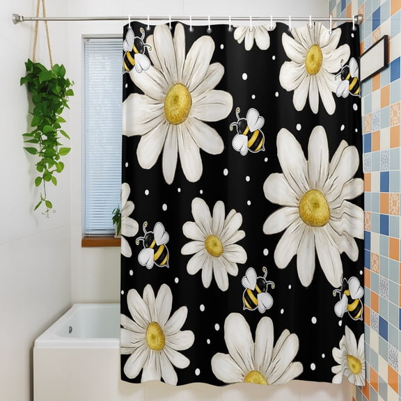 Shower Curtain, Watercolor White Floral Daisy Bee Waterproof Polyester Fabric Bath Curtain with Hooks for Bathroom Bathtub Stalls, Blossom Flower on Black 72x84IN