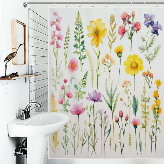 Shower Curtain Watercolor Wildflowers Spring Summer Bathroom Waterproof Polyester Home Ration Curtain With Hook