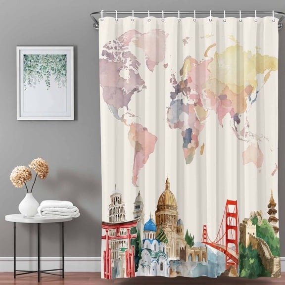 Shower Curtain,Watercolor World Map Waterproof Shower Curtain Set with Hooks for Bathroom Showers,Stalls and Bathtubs,36x72in,Iconic Landmarks Travel