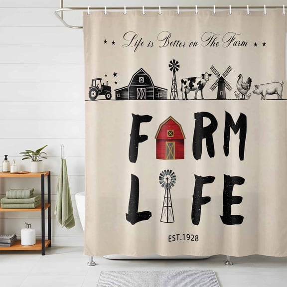 Shower Curtain Waterproof for Bathroom 72x72 Inch, Farm Life Bath Curtain for Bath Stalls and Tub Retro Farmhouse Red Barn Windmill Cow Chicken Tractors Decorative Shower Curtains with Hooks