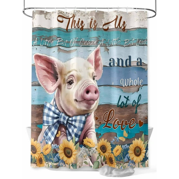 Shower Curtain Waterproof for Bathroom 72x72 Inch, Farm Piggy Sunflower Bath Curtain for Bath Stalls and Tub Blue Wood Grain Pig Animal Decorative Shower Curtains with Hooks