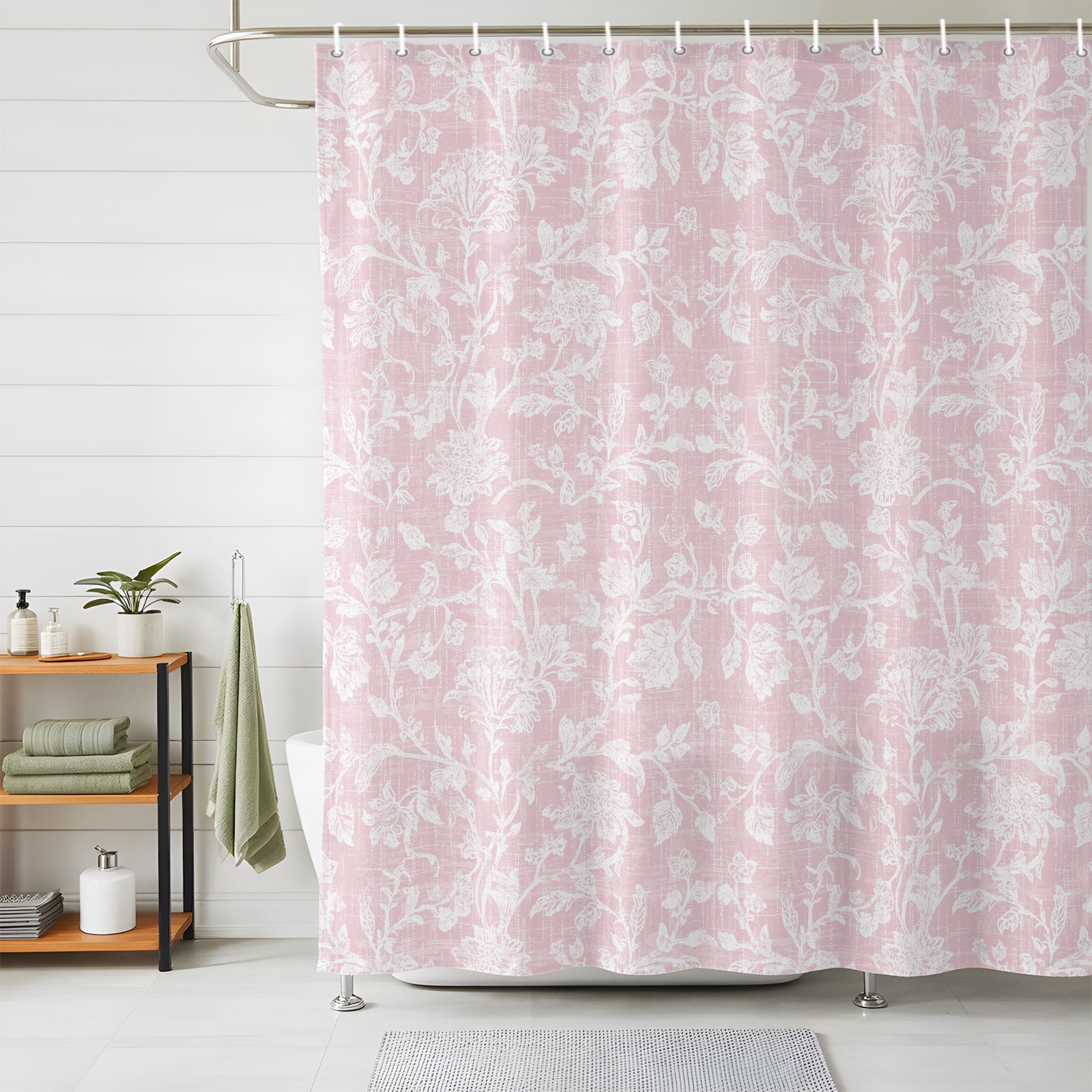Shower Curtain Waterproof for Bathroom 72x72 Inch, Pink Rose Leaves