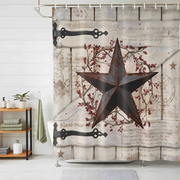 Shower Curtain Waterproof for Bathroom 72x72 Inch, Rusty Barn Star Doors Bath Curtain for Bath Stalls and Tub Berry Retro Rustic Walls Decorative Shower Curtains with Hooks