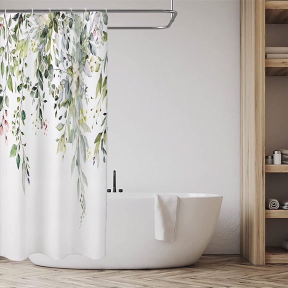 Shower Curtain, Waterproof Green Stall Shower Curtain, 3D-Printing Washable Small Shower Curtains for Bathroom, Floral Plant Leaf Shower Curtain with 12 Hooks 36 x 72 Inches