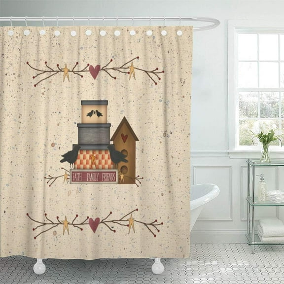 Shower Curtain Waterproof Polyester Fabric 66 x 72 inches Heart Primitive Faith Family Friend Country Pip Berry Birdhouse Set with Hooks Decorative Bathroom Curtains