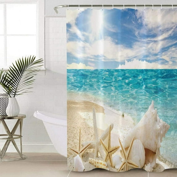 Shower Curtain Waterproof Polyester Fabric Shower Curtain Set with Hooks, Summer Sunny Beach Cute Starfish and Seashells Privacy Shower Curtains for Bathroom Showers, Stalls and Bathtubs, 36x72 Inches