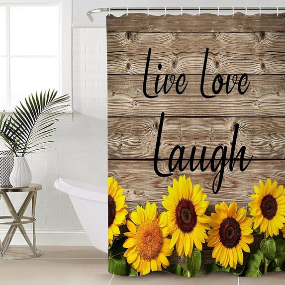 Shower Curtain Waterproof Polyester Shower Curtain Set with Hooks, Live Love Laugh Farmhouse Floral Yellow Sunflower Vintage Wood Grain Privacy Shower Curtains for Bathroom Showers 72x84 Inches