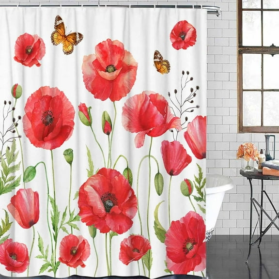 Shower Curtain Waterproof Shower Curtain for Bathroom,Bathtub,Shower, Red Vintage Watercolor Poppy Flower Shower Curtain Set with Hooks for Home Decoration 72x72 Inch