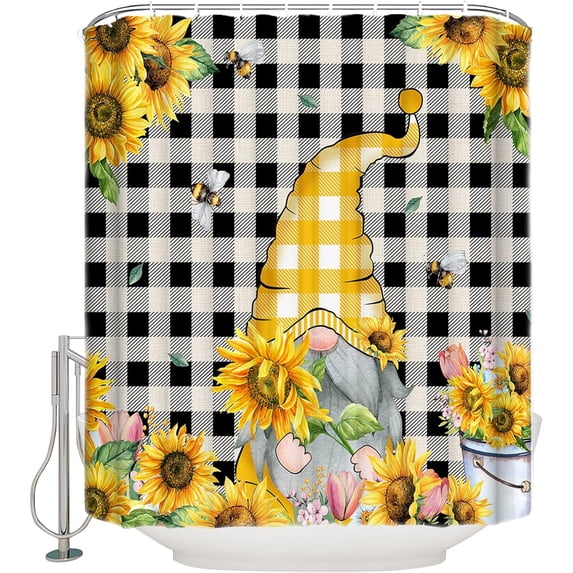 Shower Curtain Waterproof Shower Curtain for Bathroom,Bathtub,Shower, Sunflower Summer Gnomes Buffalo Plaid Shower Curtain Set with Hooks for Home Decoration 36x72 Inch