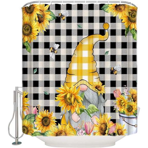 Shower Curtain Waterproof Shower Curtain for Bathroom,Bathtub,Shower, Sunflower Summer Gnomes Buffalo Plaid Shower Curtain Set with Hooks for Home Decoration 72x72 Inch