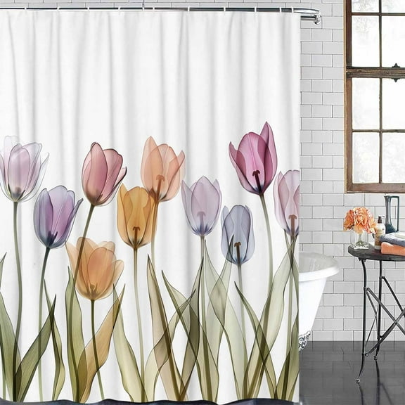 Shower Curtain Waterproof Shower Curtain for Bathroom,Bathtub,Shower, Tulip Flower Pattern Shower Curtain Set with Hooks for Home Decoration 72x72 Inch