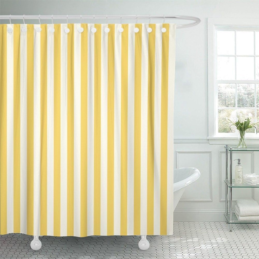 Yellow and White Striped Fabric Shower Curtain with Hooks