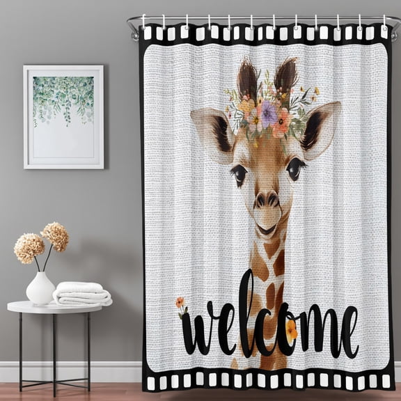 Shower Curtain,Welcome Words Cute Giraffes Waterproof Shower Curtain Set with Hooks for Bathroom Showers,Stalls and Bathtubs,36x72in,Flowers Films Boundaries