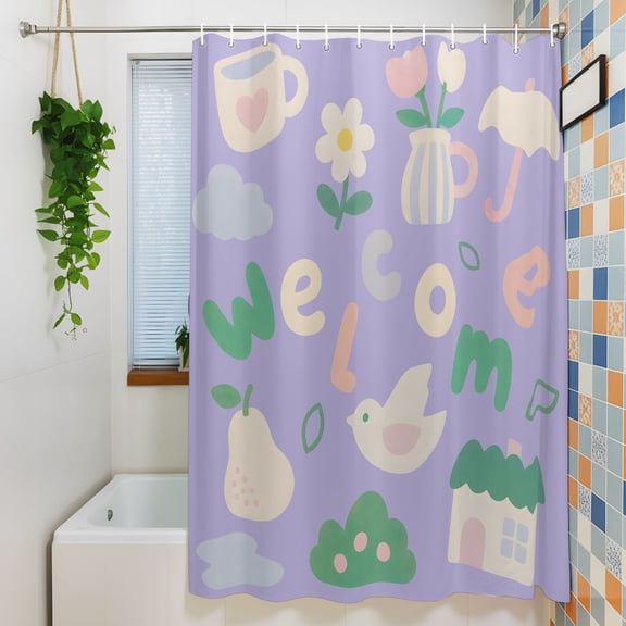 Shower Curtain, Welcome Words on Purple Waterproof Polyester Fabric Bath Curtain with Hooks for Bathroom Bathtub Stalls, Cartoon Cute Bird Flower Teacup 36x72IN