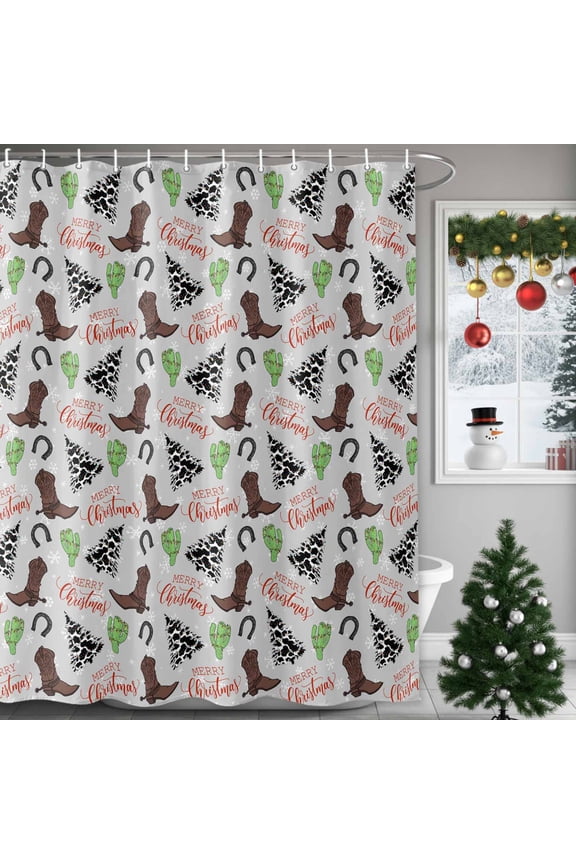 Shower Curtain, Western Boot Cactus Horseshoe Waterproof Shower Curtain Set with Hooks for Bathroom Showers,Stalls and Bathtubs,72x72In Snowflake Cow Texture Tree on Grey