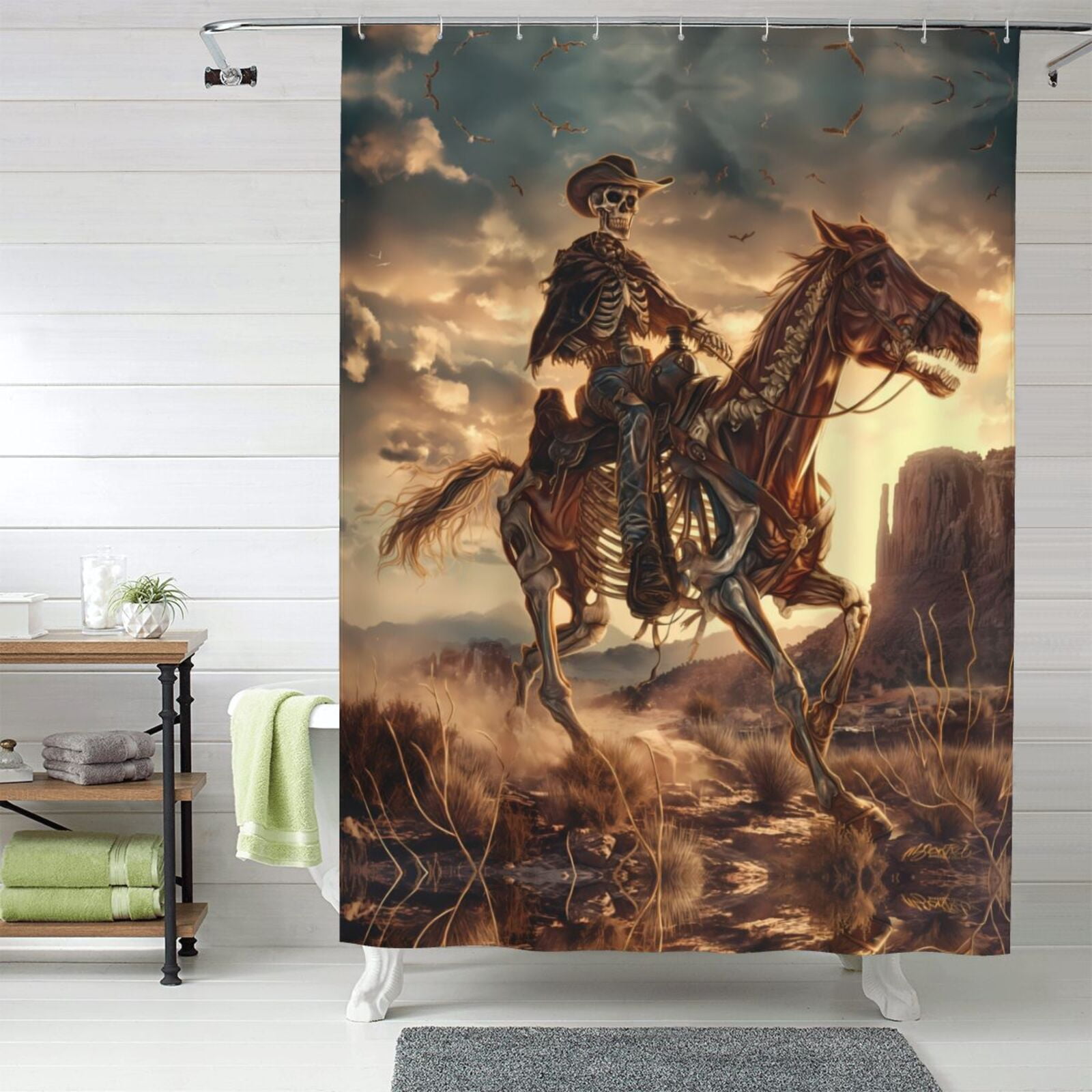 Shower Curtain, Western Skeleton Cowboy Horse Washable Shower Curtain