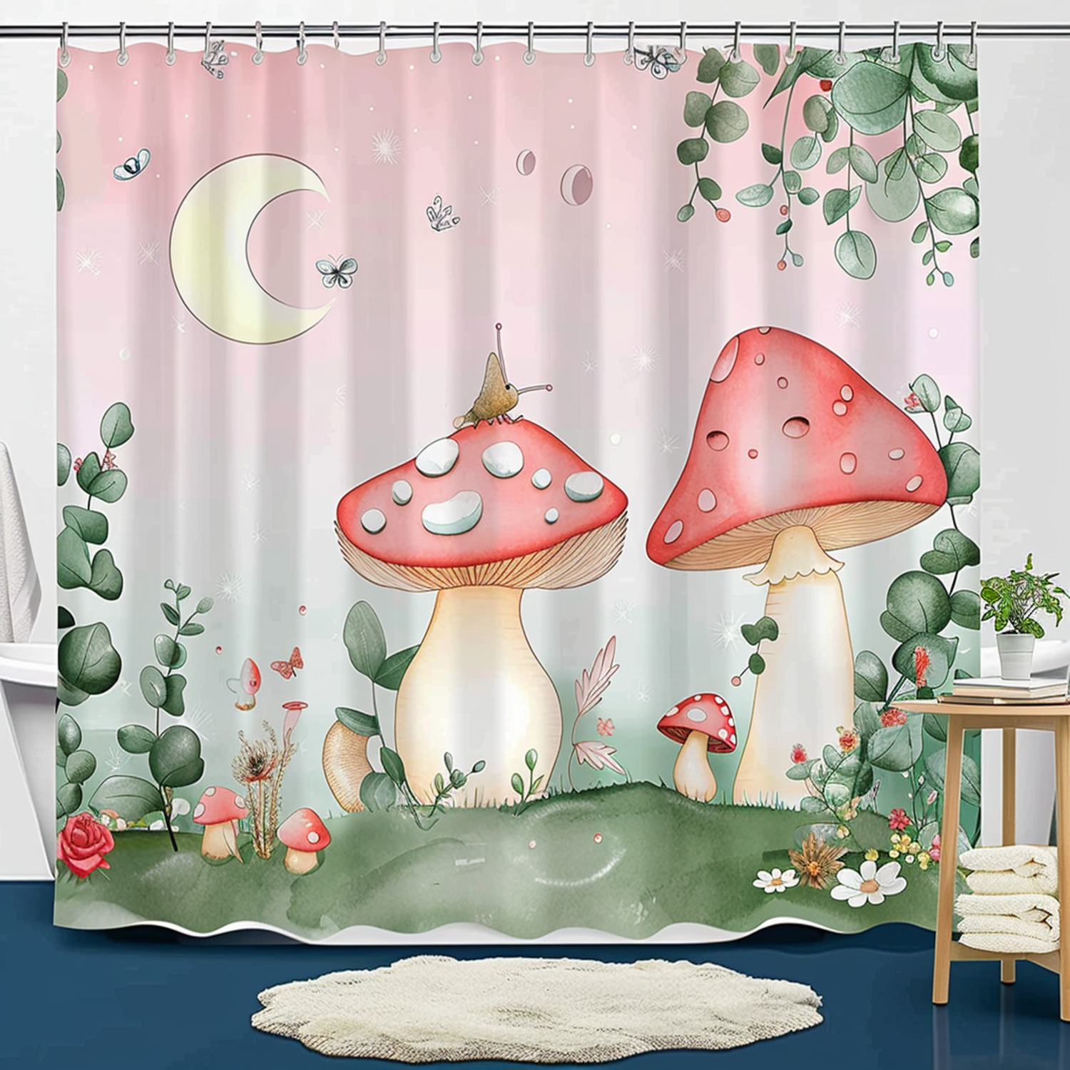 Shower Curtain Whimsical Garden with Pink Mushroom and Snail Moon