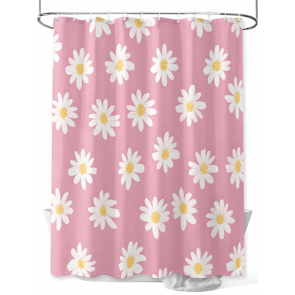 Shower Curtain White Daisies Bathroom Curtains with Hooks, Waterproof Fabric Pink Background Bath Shower Curtains Set for Bathroom Bathtubs Decor 36x72 Inch