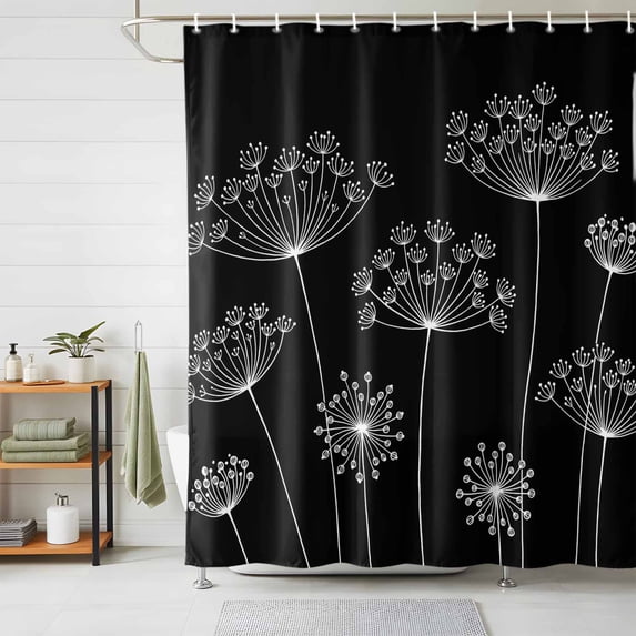 Shower Curtain White Dandelion Shower Curtains for Bathroom Decor, Waterproof Polyester Shower Curtain Set with Hooks, Small Stall Size 36" x 72" Black