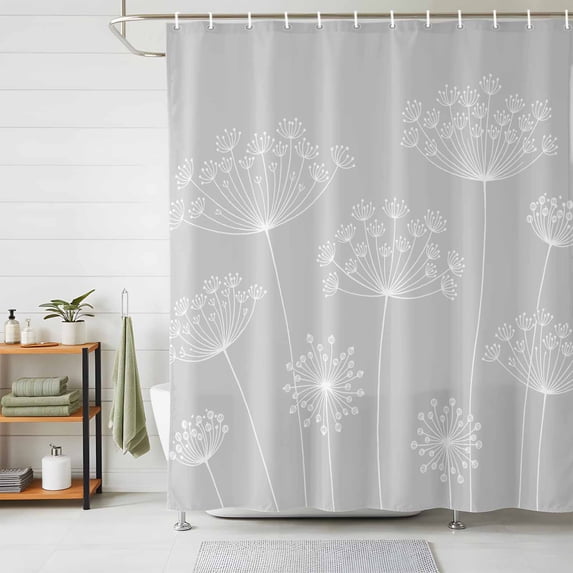 Shower Curtain White Dandelion Shower Curtains for Bathroom Decor, Waterproof Polyester Shower Curtain Set with Hooks, Extra Long 72" x 84" Gray