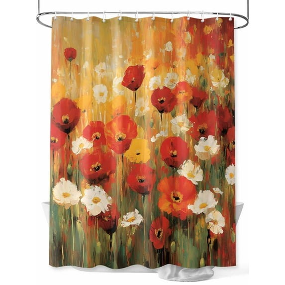 Shower Curtain White Red Flower Green Leaf Shower Curtains for Bathroom, Waterproof Polyester Shower Curtain Set with Hooks, Standard Size 72" x 72" Oil Painting