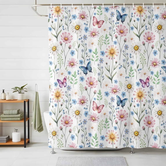 Shower Curtain Wildflower Green Leaf Shower Curtains for Bathroom Decor, Waterproof Polyester Shower Curtain Set with Hooks, Standard Size 72" x 72" Spring Floral White