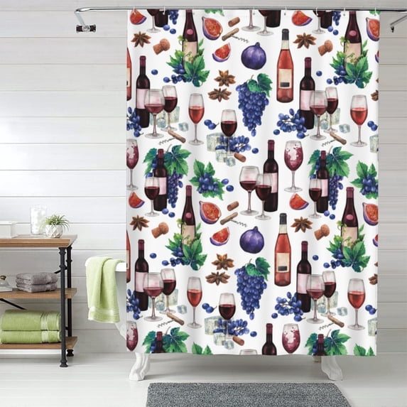 Shower Curtain, Wine Print No.J911 Waterproof Fabric Plastic Shower Curtain, Drying Fast Bathroom Curtain with 9 Buttonholes, Ruffle Shower Curtain 60x72in