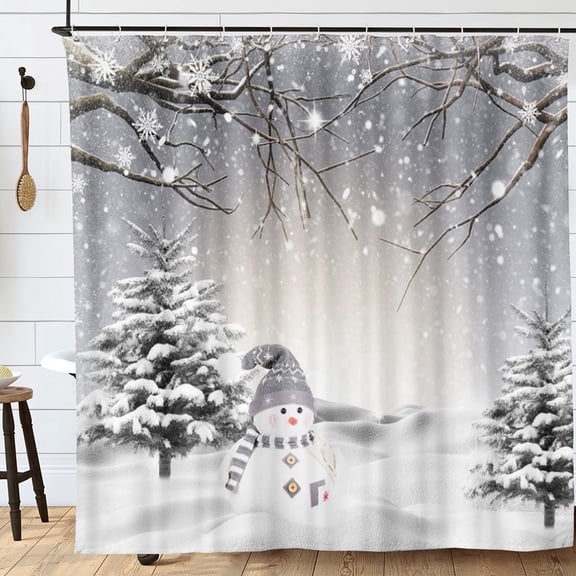 Shower Curtain,Winter Christmas Cute Snowman Snowflake Polyester Shower Curtains For Bathroom With Hooks 72x72 Inch