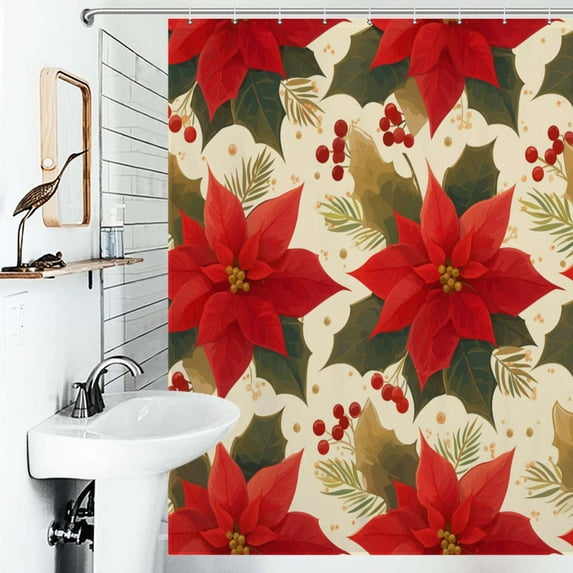 Shower Curtain Winter Flower, Poinsettia, Rowan Tree Bath Curtain Polyester Fabric Bathroom Ration With Hooks